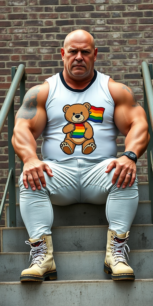 A towering, muscular 60-year-old skinhead bodybuilder sits confidently on concrete stairs, his gleaming bald head contrasting with his light skin. Clad in a striking white t-shirt with a logo of a stuffed teddy bear holding a gay flag, tattooed arms flex beneath the sleeveless fabric. Tight bleached denim trousers highlight his powerful legs, complemented by knee-high Dr. Martens boots with white laces. The rugged brick wall and metal handrails create an industrial backdrop, enhancing the imposing presence of this behemoth. - Image