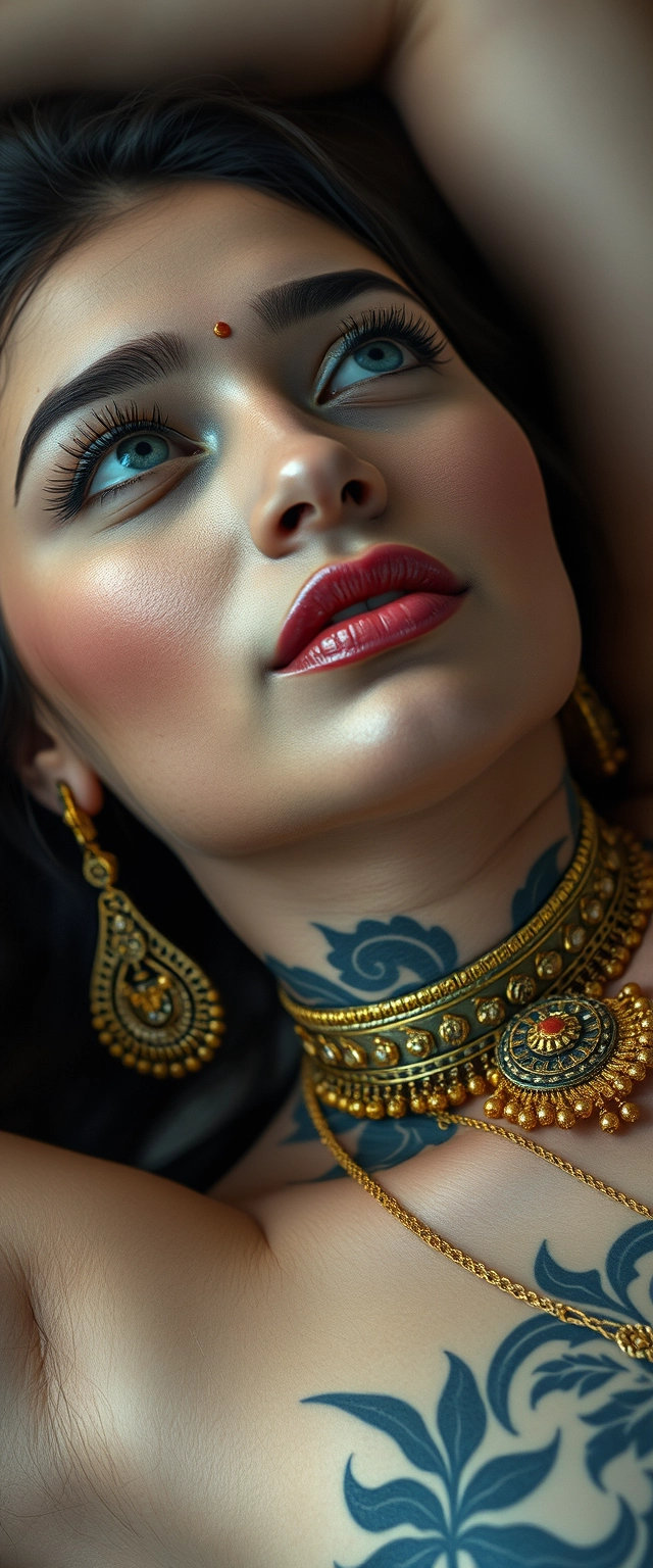 Random shot of tattooed body of white-skinned Indian Korean women with beautiful facial features and jaw and blue eyes wearing gold ornaments looking up while lying down sideways.