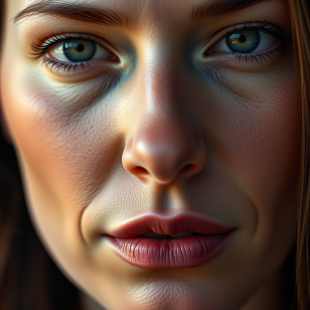 Hyper-realistic close-up portrait photography of a woman’s face, emphasizing the natural texture of her skin with clearly visible pores, soft and even lighting that highlights the skin’s texture without harsh shadows, ultra-high definition to ensure every detail is sharp and clear, natural color palette with slightly enhanced contrast to emphasize the skin texture, Canon EOS R5, 85mm portrait lens, shallow depth of field to keep full attention on the woman’s face and its intricate details. - Image