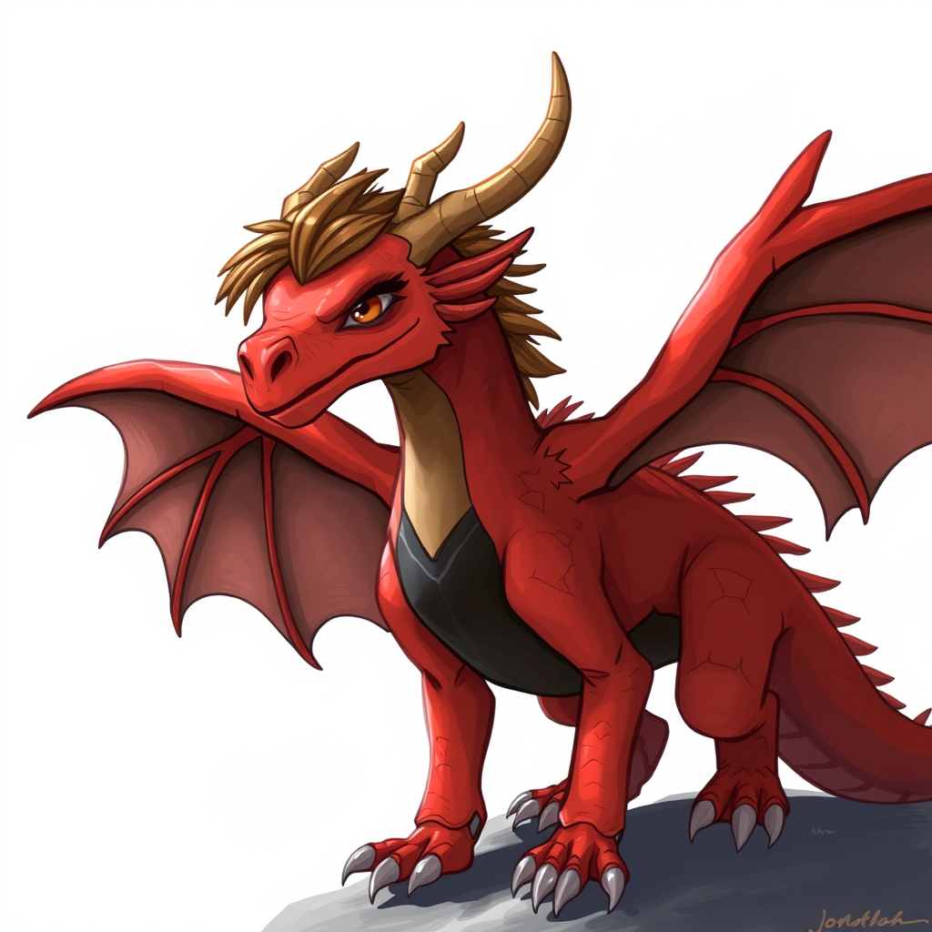 Jonathan the red dragon with wings and a black chest and has brown hair on his head.