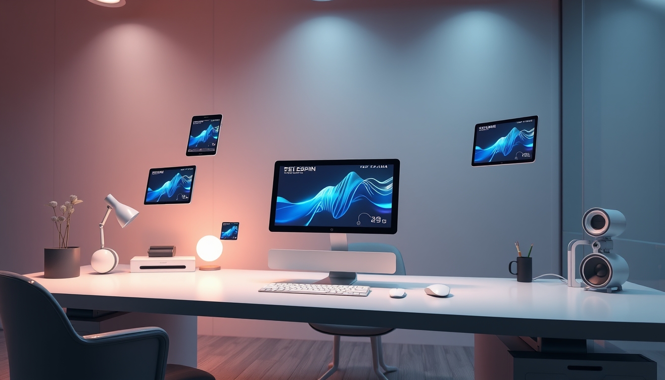 Futuristic Minimalist 3D Workspace with Floating Digital Devices on Business Background