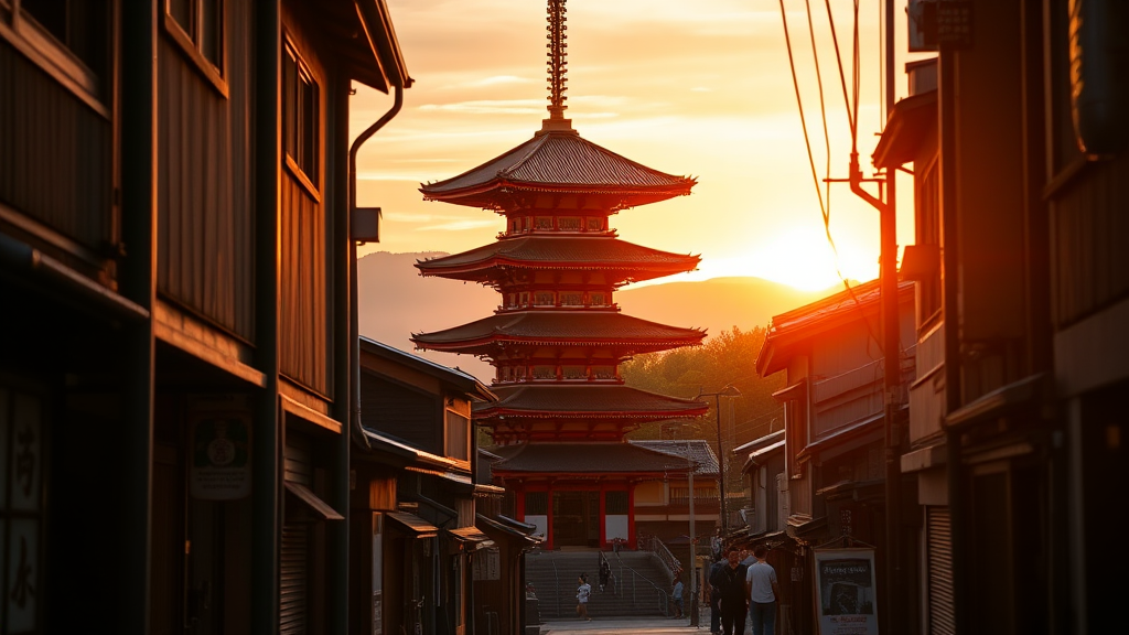 A narrow street with a pagoda in the background at sunset in Kyoto, a photo, Shutterstock contest winner, Japanese temples, Kyoto, Japan travel and tourism, Japan sightseeing, Japanese town, Japanese street.