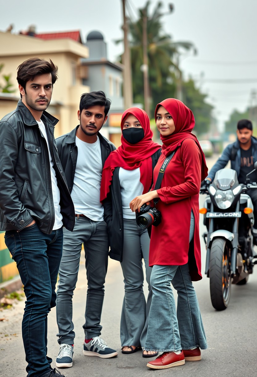 Jamie Dornan and Freddie Prinze, head and body shot, handsome, young, serious face, dark brown hair, white t-shirt, collared jacket, skinny jeans, sneakers, standing, discussing with two guys and a short, slim Muslim girl in a red hijab, beautiful eyes, black face mask, black leather jacket, grey long t-shirt, bell-bottom jeans, red sneakers, holding a Canon DSLR camera, near a town road, superbike, hyper-realistic, street photography, full body photo, with three other random strangers in the background. - Image