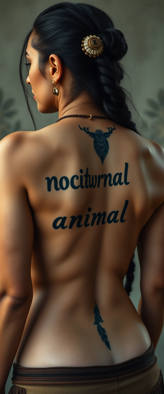 Tattooed back of a muscular Indian woman with white skin, reading "nocturnal animal." - Image