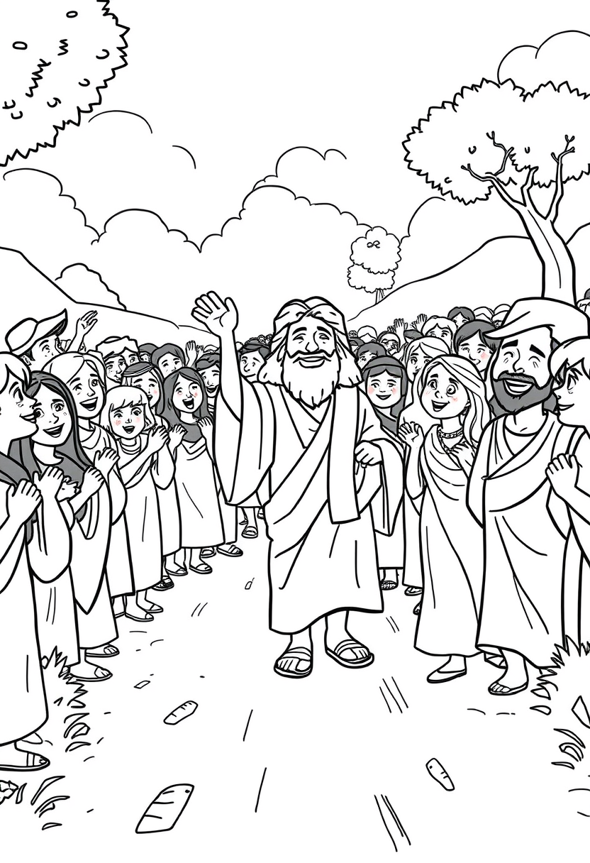 Depict a crowd of people joyfully following Jesus along a dusty road, with expressions of hope and excitement. a coloring book page, cartoon style, thick lines, low details, no shading.