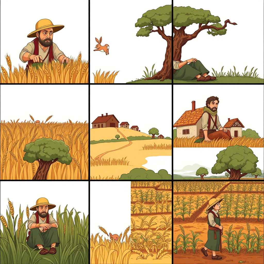 The image style is "cyberpunk," featuring an ancient farmer in a 3x3 grid. Understood! The characters in each scene will all use the same farmer, ensuring that the face shape and clothing remain consistent throughout. In the first panel, the farmer is harvesting wheat. In the second panel, the farmer is sitting under a tree, resting, as a rabbit rushes toward the tree. In the third panel, the farmer is holding a rabbit in his hand. In the fourth panel, the farmer is walking toward a house. In the fifth panel, the farmer sits under the tree. In the sixth panel, the farmer sighs while sitting under the tree. In the seventh panel, the farmer stares blankly at the sky. In the eighth panel, the crops have withered. In the ninth panel, the farmer is planting seeds in the field. - Image