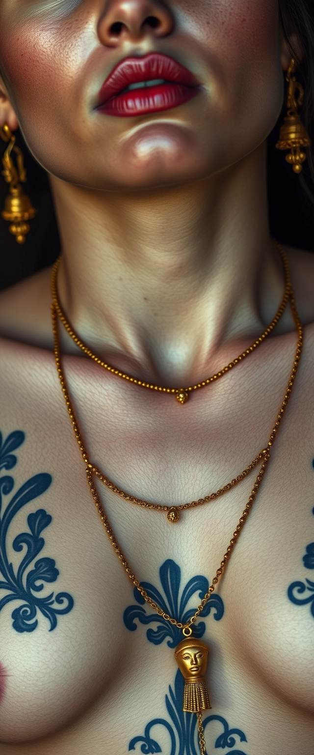 Close-up view of a tattooed chest of a white-skinned Indian woman with beautiful facial features and blue eyes, wearing gold ornaments, looking up.