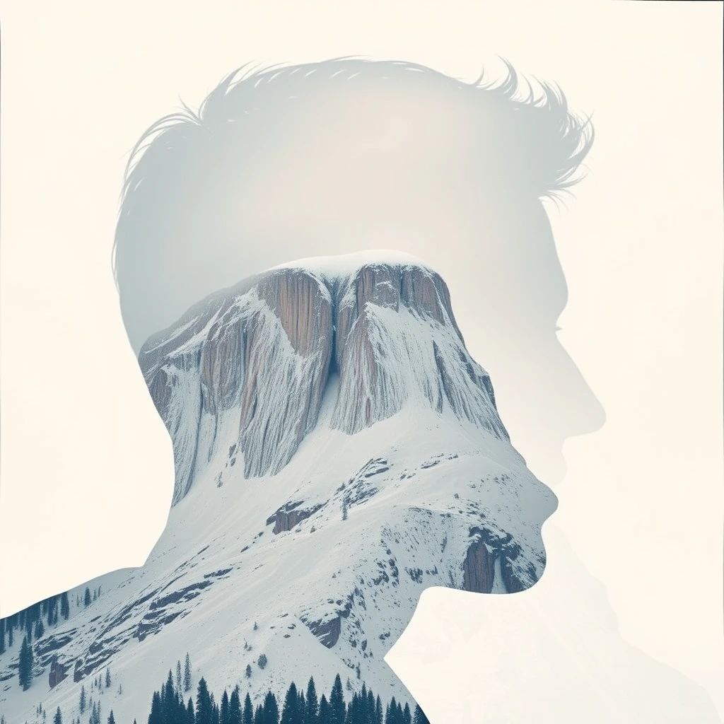 "An abstract style of a snow-covered cliff within the outline of a man's head; this is a double exposure photograph. Non-representational, colors and shapes, emotional expression, imaginative, very detailed."