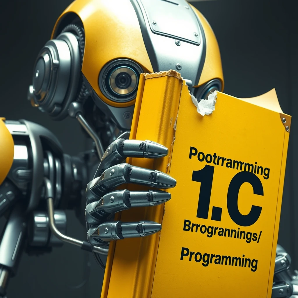 Futuristic scene: a giant robot bites the corner of a large yellow book. The robot is massive, with a metal body, gleaming lens-eyes, and mechanical jaws. Its size is several times that of the book. The book is bright yellow in color, thick, and looks like a textbook. The cover of the book reads "1C Programming" in large black letters. You can see that the robot has bitten off the upper right corner of the book, leaving a jagged bite mark. The metal teeth of the robot can be seen. The background is neutral, perhaps a darkened laboratory or futuristic interior. The lighting is dramatic, emphasizing the contrast between the shiny metal of the robot and the matte surface of the book.  
Image style: photorealistic with science fiction elements. Detailed texture of the robot's metal and the book's paper. Clear lines and shapes. Saturated colors with emphasis on the yellow of the book and the silver-steel of the robot. - Image