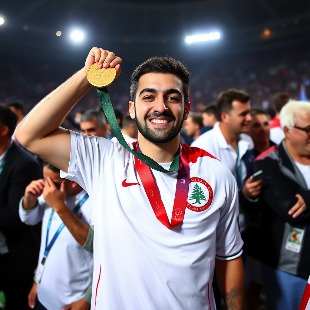 Olympic medalist, Team Lebanon, holding the gold medal and celebrating among the crowd, wide picture, Mediterranean-looking champion, proud, happy, first-ever medal.