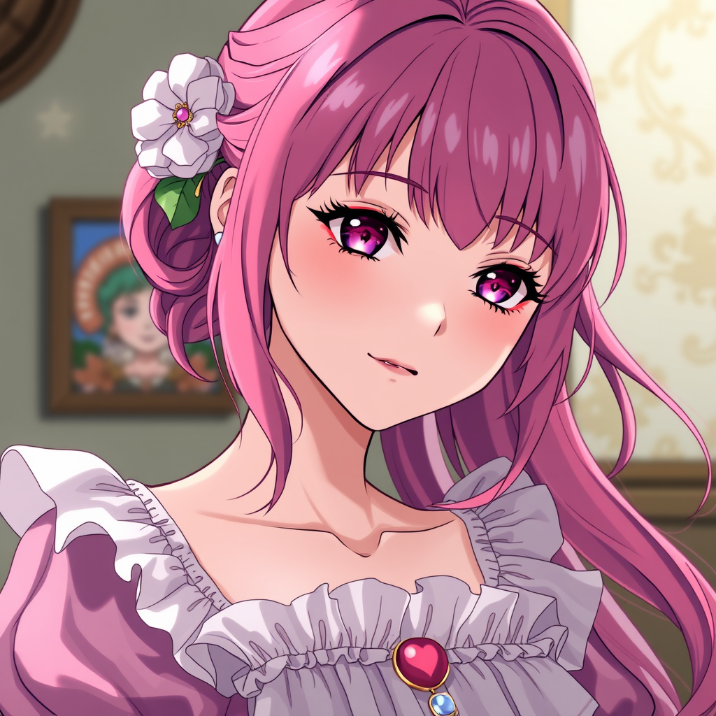 Anime art of a motherly woman, close-up, pink hair, frilly dress, detailed scene, stunning details, trending on ArtStation, anime artwork, anime cel shading.