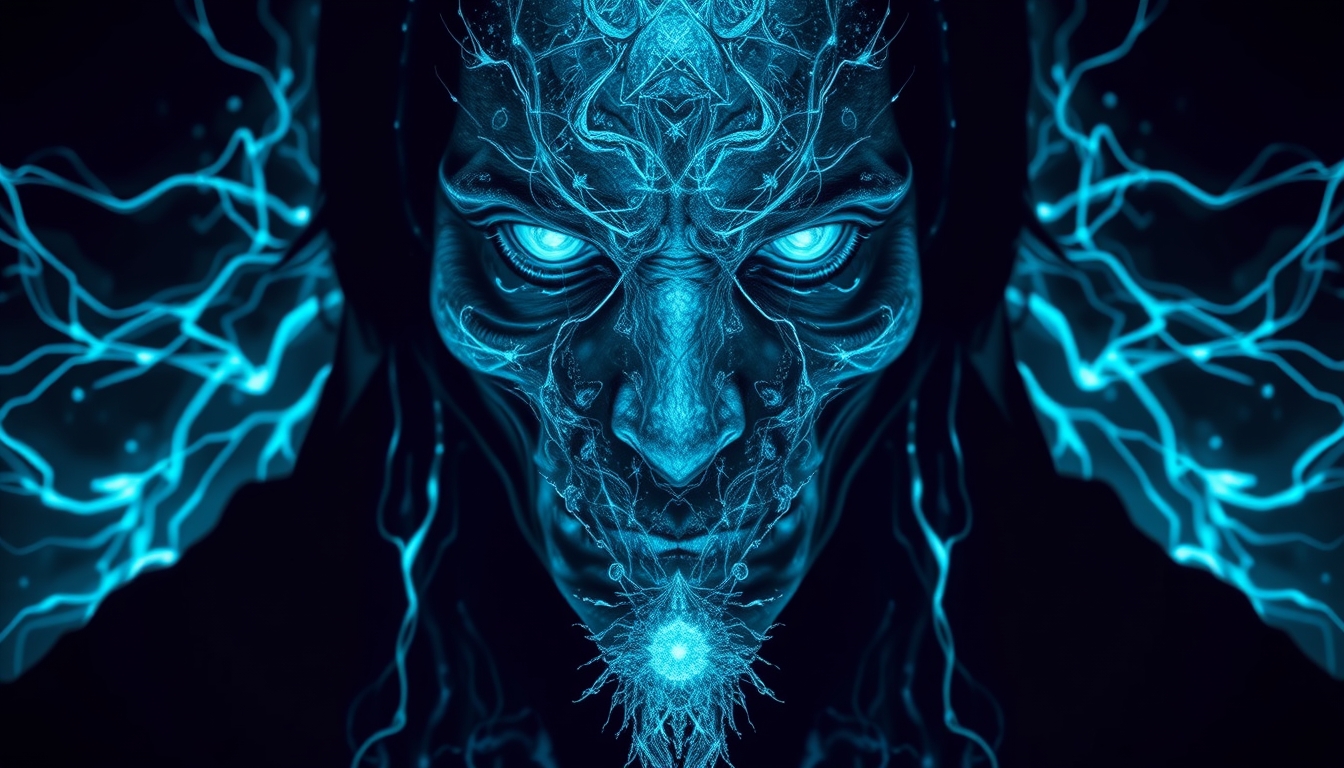 A symmetric portrait of an evil frozen necromancer, face dissolving into thin, luminescent blue lines of frozen magic, hyper-realistic with digital abstraction, intricate details. Shadows elongate, emphasizing depth, despair, and ancient power. - Image