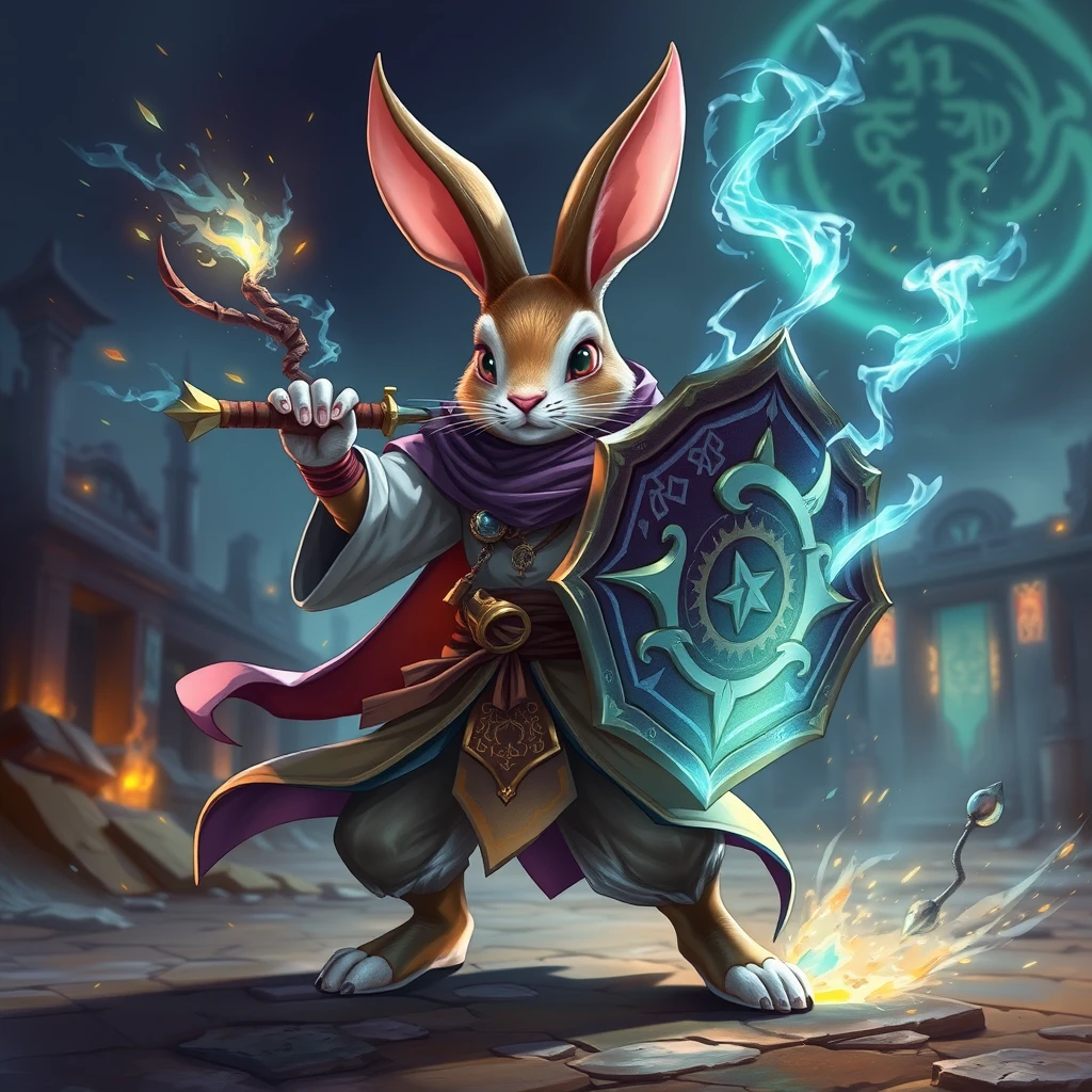 A heroic rabbit dressed in a flowing cloak, wielding a weapon and shield, standing in a defensive stance. The rabbit is surrounded by magical particle effects, with an enchanting aura and glowing runes emanating from its body, shield, and weapon. The style is a mix of traditional wuxia and fantasy, with vibrant and dynamic colors. The rabbit stands firm, prepared to block any attack, while sparks of magic dance around. The background is a mystical battlefield with ancient ruins and glowing magical symbols. - Image