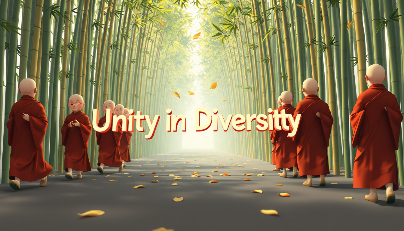 3D cartoon style of Sweep across a line of monks walking in a bamboo forest. As each monk passes, leaves fall to form the words "Unity in Diversity" in their wake. - Image