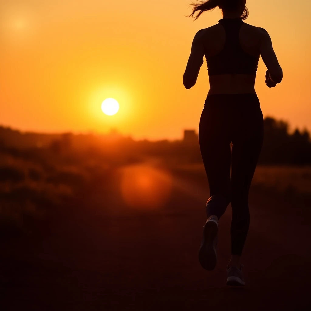 A silhouette of a woman jogging in a sunset, backlit by the setting sun, wearing leggings and a sports bra, on a dirt track. - Image