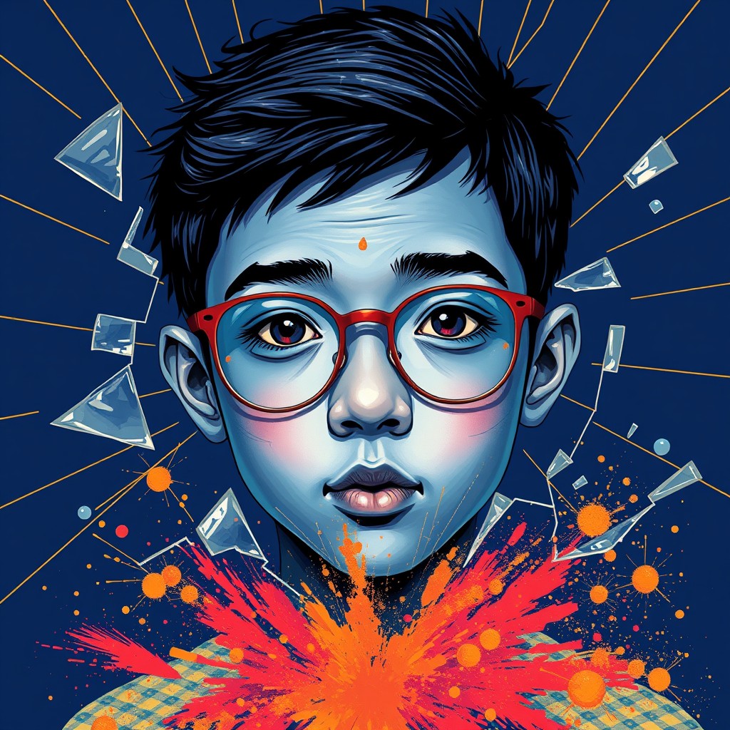 It's a Picasso-style illustration, close up, of an Asian boy with blue skin surrounded by glass breakage and gold lines on a dark blue background, colorful glasses, and an explosion of the spillage of powder.