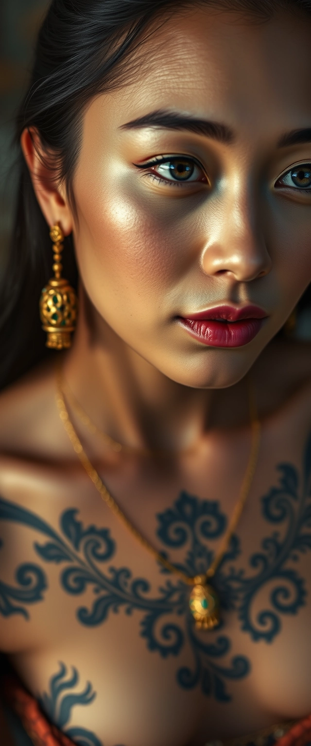 Close-up view of a tattooed chest of a fair-skinned Korean Indian woman with beautiful facial features and blue eyes, wearing gold ornaments, looking sideways. - Image