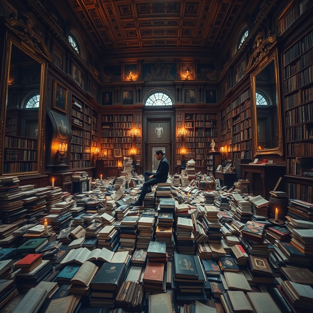 A real-life photograph, wide shot, of a person sitting on a pile of books in the corner of a large hall, where many books are scattered messily and there are some large mirrors. There are a lot of books, and it looks very chaotic. At night, with some candles lit. The person is in one corner of the hall.