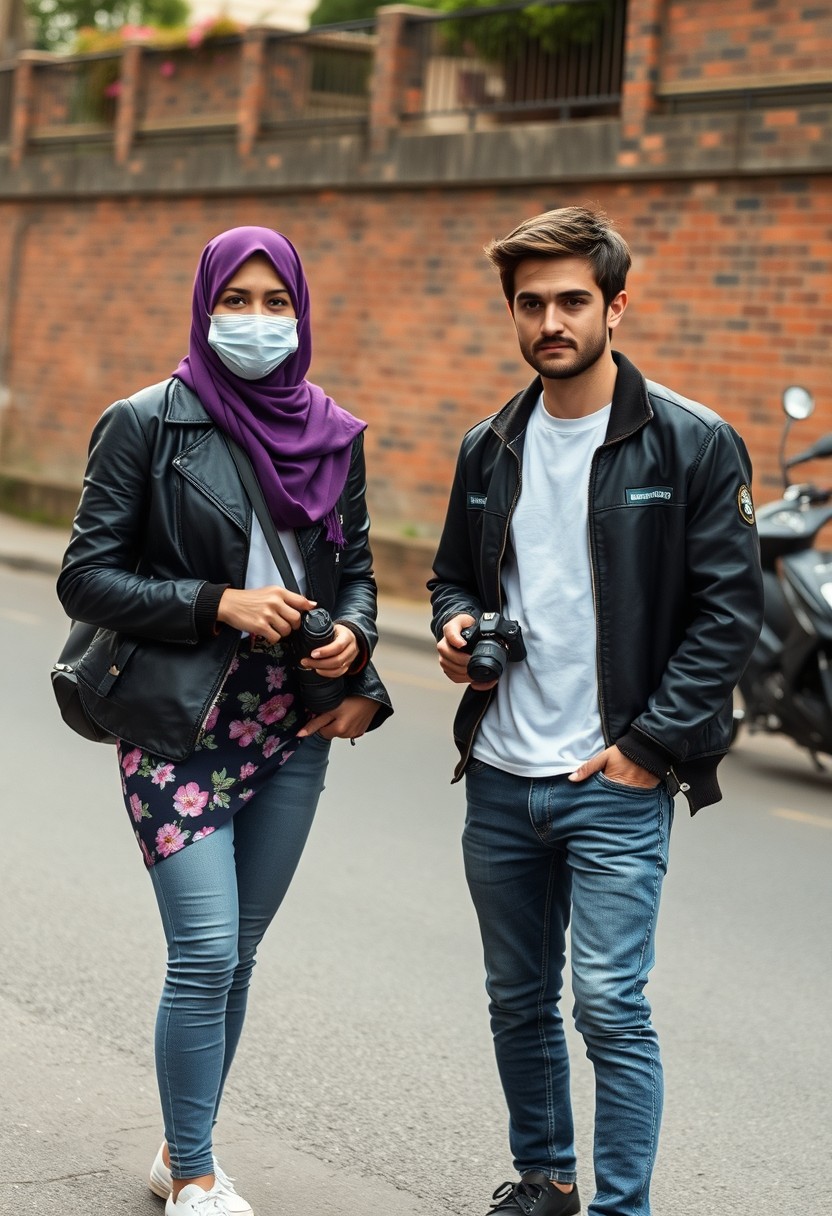 Jamie Dornan and Freddie Prinze head and body shot, handsome, young, serious face, dark brown hair, white t-shirt, college jacket, skinny jeans, sneakers, standing, talking with the biggest purple hijab Muslim girl, beautiful eyes, face mask, black leather jacket, biggest floral skirt, holding a Canon DSLR camera, near town road, superbike, hyper-realistic, street photography, brick wall, full body photo.