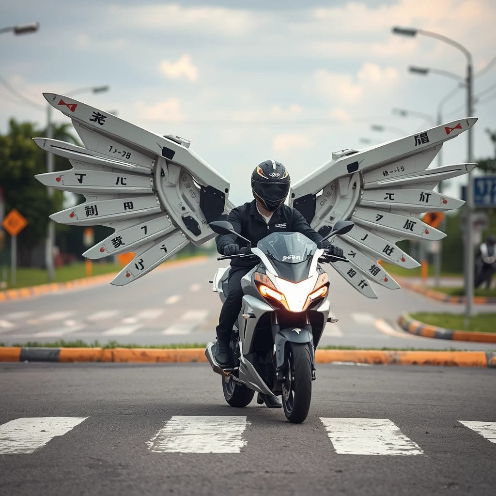 At the crossroads, someone is riding a smart motorcycle, which has huge mechanical wings, featuring Chinese characters or Japanese. - Image