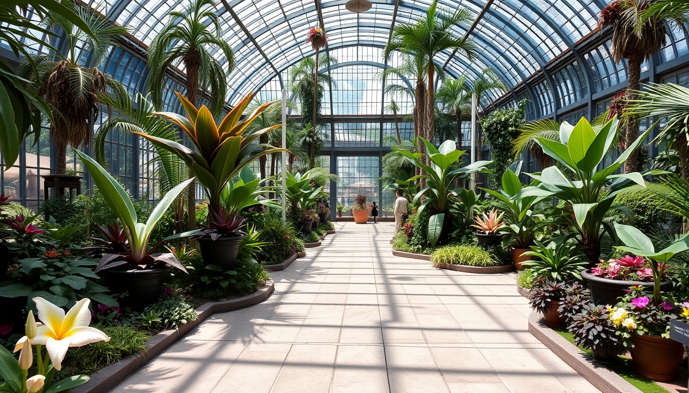 A stunning glass-enclosed botanical garden, filled with exotic plants and flowers. - Image