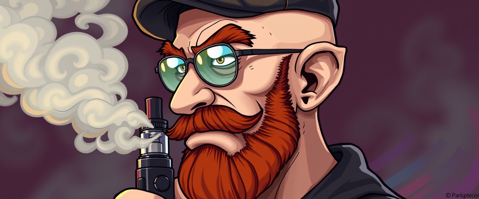 Three-quarter view of a sinister, bald cartoon human male with demonic features. Short ginger beard contrasts with dark eyebrows. Wears a weathered flat cap and reflective aviator glasses. Clutches a sleek vape mod, exhaling dense, swirling vapor clouds. Vibrant e-liquid drips off his pale skin, creating a colorful aura.