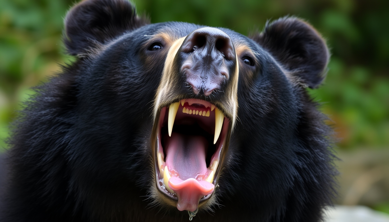 "The black bear opens its mouth, showing sharp teeth and tongue, with saliva." - Image