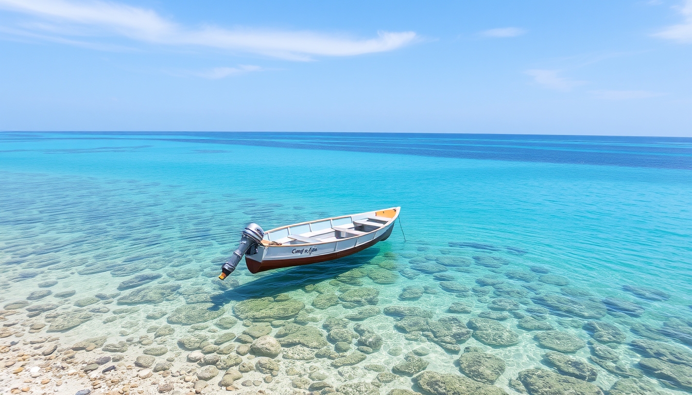 A tranquil beach with a glass-bottomed boat floating over a coral reef. - Image