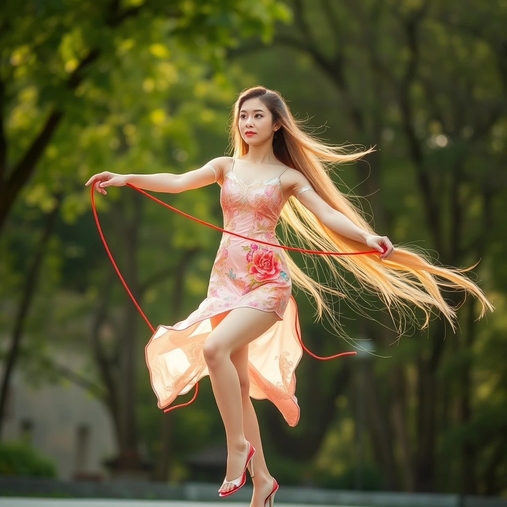 A Chinese beauty is skipping rope, with long golden hair and long legs.