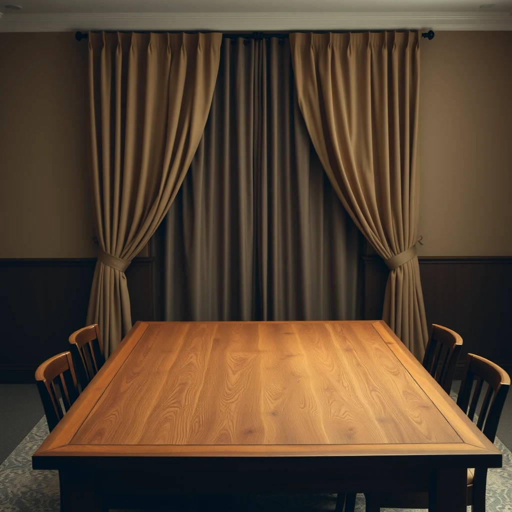 Indoor shot, solid wood dining table, large empty tabletop, beige curtains, soft light, vintage, nostalgia, dark brown, light brown background, simplicity, commercial photography, top view, Fujifilm, f/4.0, 85mm.