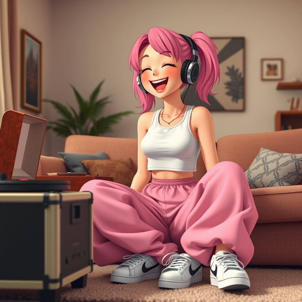 A happy, laughing adult female influencer with a full figure, pink hair in pigtails, two arms and two legs, wearing retro headphones, a white sleeveless crop top, oversized baggy pink tracksuit pants, and sneakers, sitting on a couch in a living room listening to music being played on an old-style record player. Realistic 3D Anime Style, highly detailed, wide-angle lens.