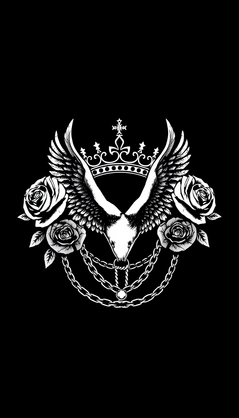 STENCIL INK ART, DOVE crowns, roses chains, and dark, moody colors. -black and white, SOLID COLOR GRAPHIC PRINT, CESS BRAND, black background, trap music style CENTER PNG ART. - Image