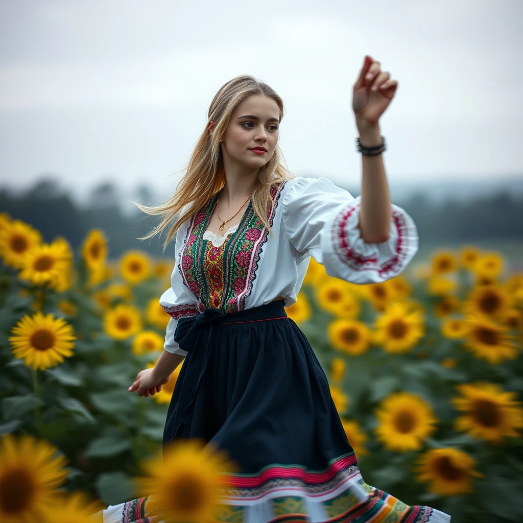 A Ukrainian woman dancing in a sunflower field, 20 years old, blonde, with light in her eyes, (Ukrainian traditional costume: 1.4), Style by Rick Remender, Motion blur, Movement, Full body, Award-winning work.