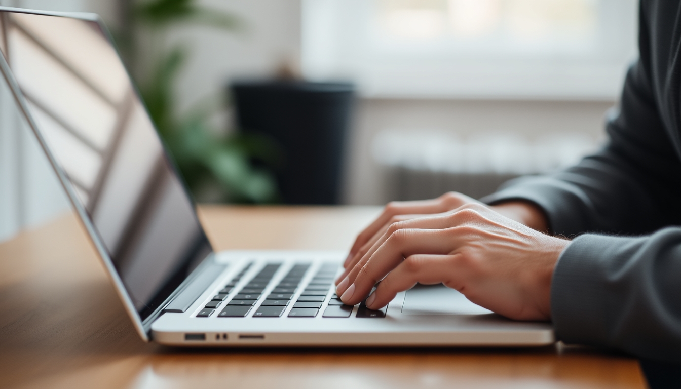 A man typing on a laptop with a blurry background.