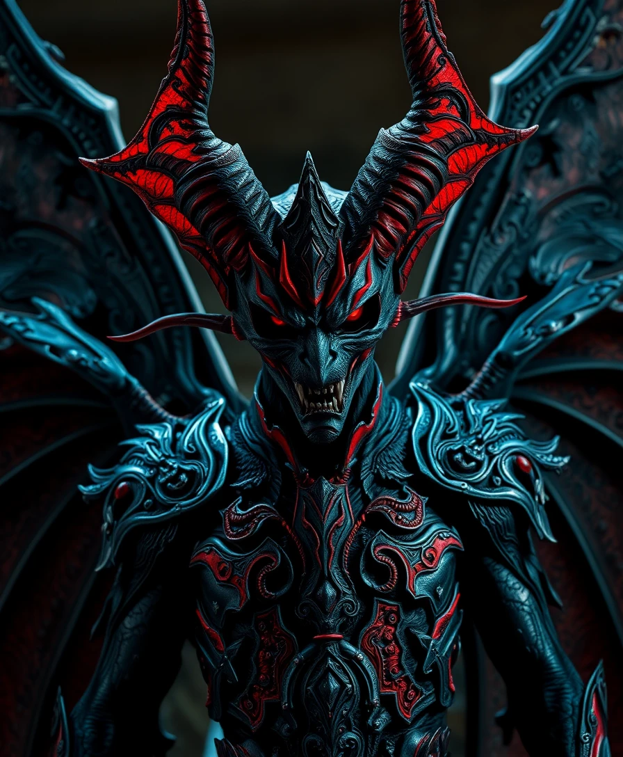 Realistic photo of an 8k ultra realistic scary demon with 6 wings, full body, intricate black and red armor, ornate, cinematic lighting, 4k, hyperrealistic, focused, high details, cinematic exquisite details and textures, sharp focus, high resolution, detailed eyes, 8k uhd, nikon d850, high quality, film grain, hyper realistic skin (detailed skin:1.3).