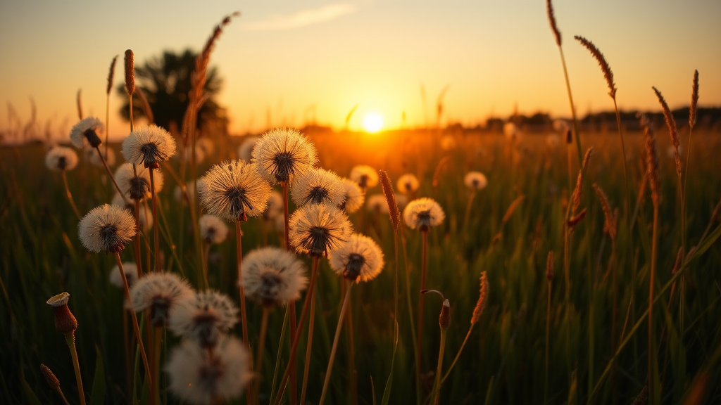 a field of dandelions in the sunset with the sun setting in the background, by Andrew Domachowski, art photography, dandelions, award winning nature photo, dandelion, the brilliant dawn on the meadow, weeds and grass, sunny meadow