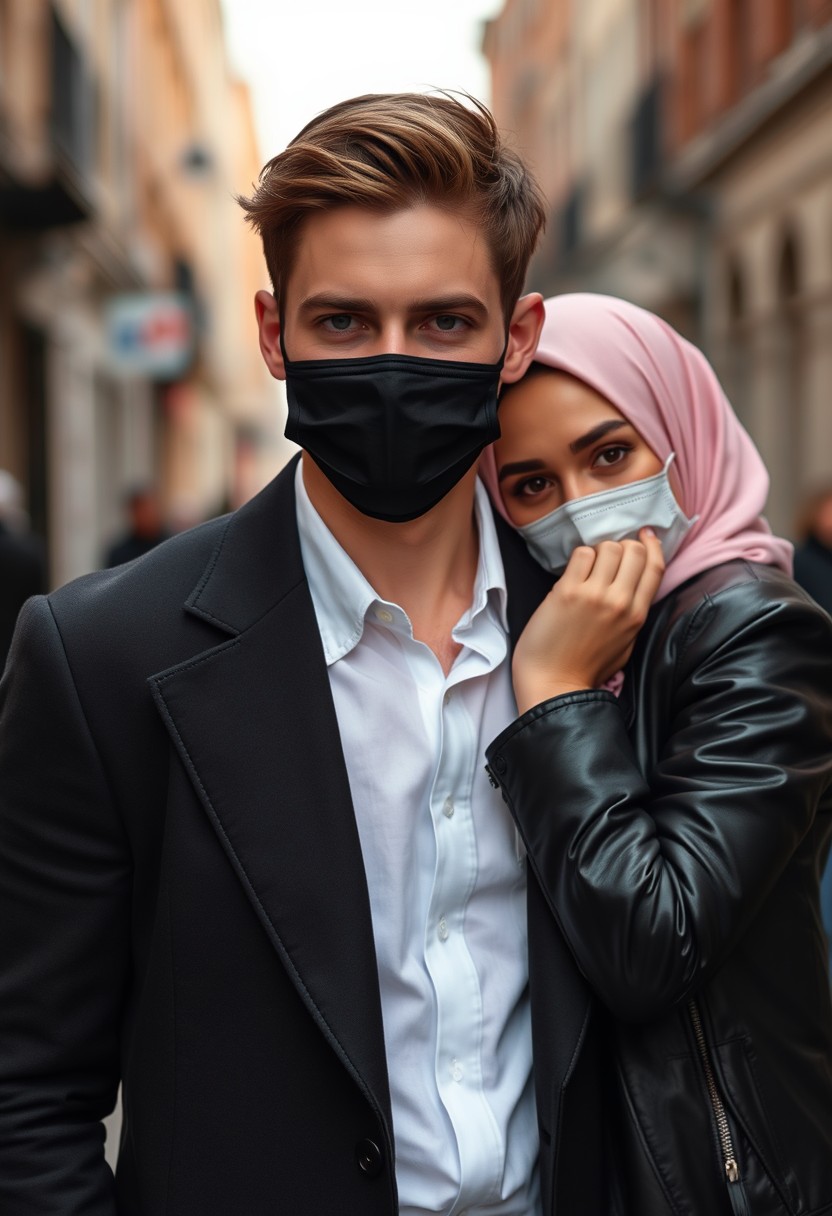 Jamie Dornan's head and body shot, handsome, young, face mask black, white shirt half buttoned, black coat suit, dating love with the biggest soft pink hijab girl, beautiful eyes, black leather jacket, face mask black, biggest floral skirt, hyper realistic, street photography.