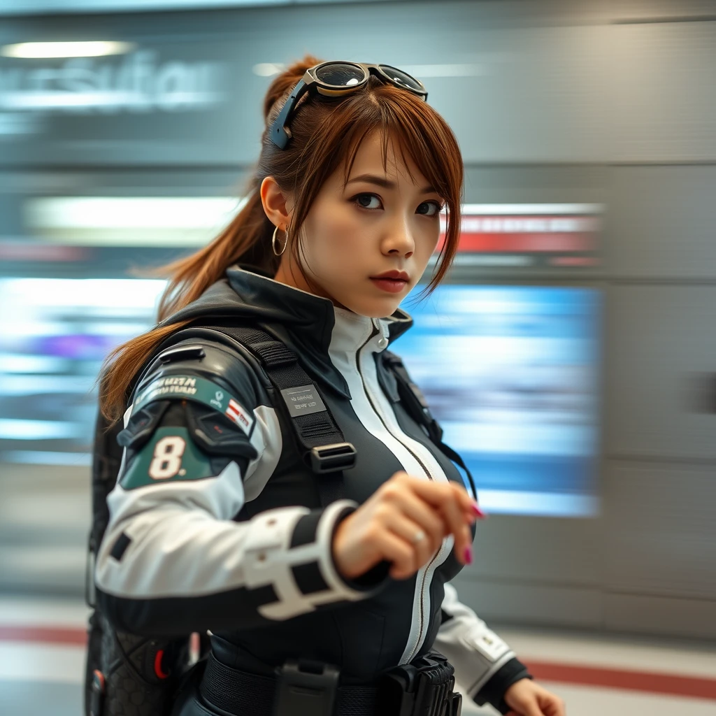 A Russian woman, (Japanese tech wear:1.4), styled by Rick Remender, motion blur, action. - Image