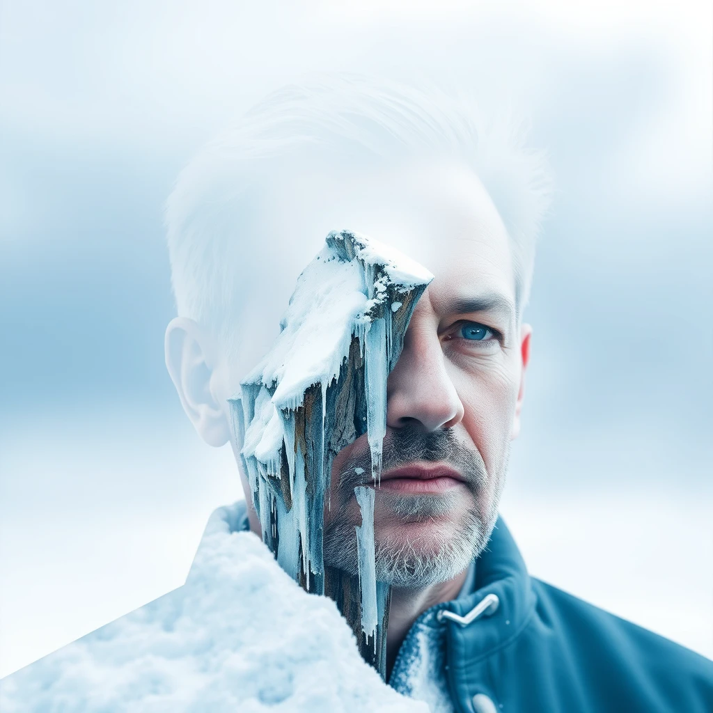 "[Abstract style of an icy cliff covered in snow] within the outline of a [middle-aged man's] head. This is a double exposure photograph. Non-figurative, colors and shapes, emotional expression, imaginative, very detailed."