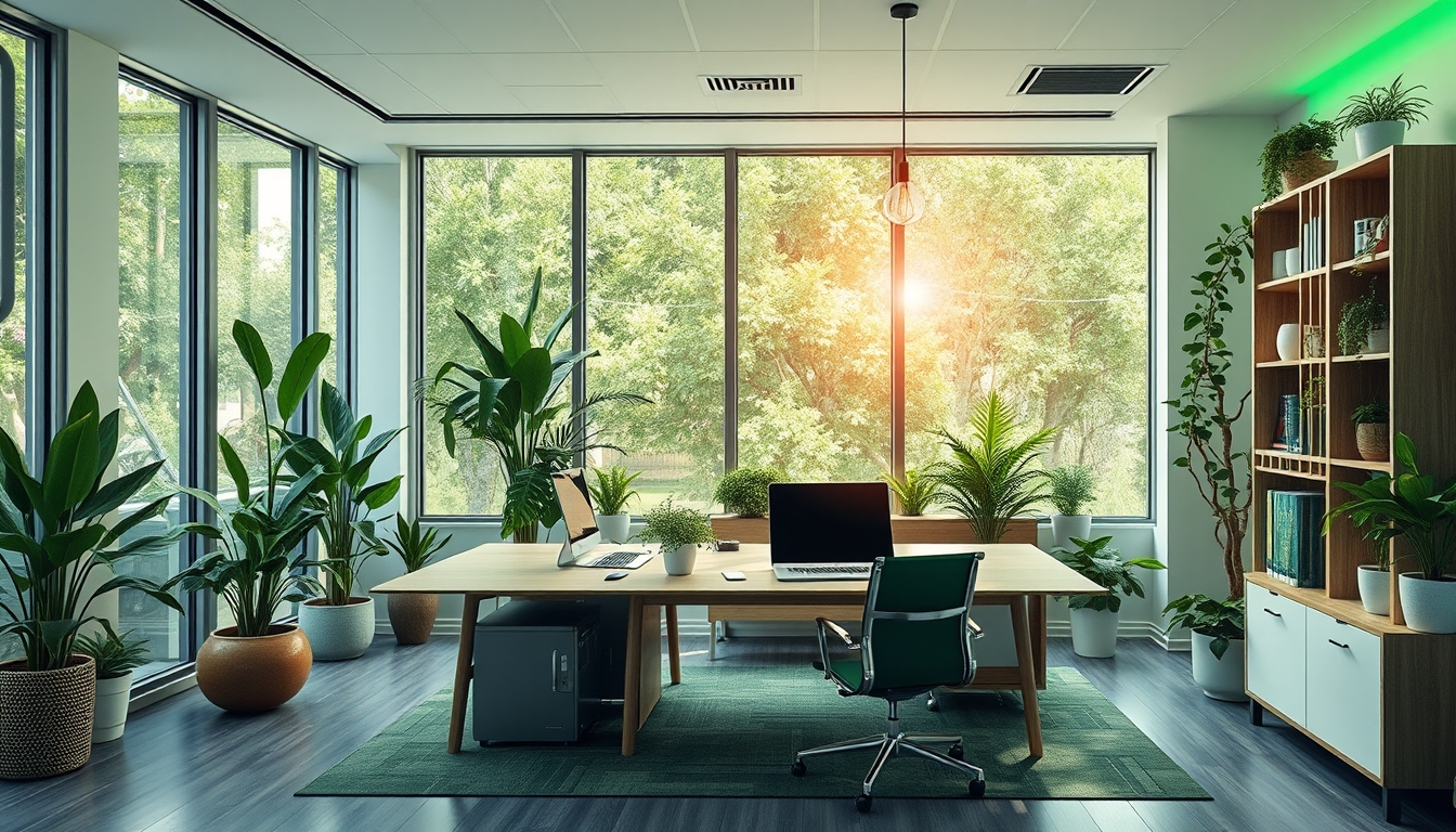 Green tech startup office with eco-friendly design, representing sustainable business. - Image