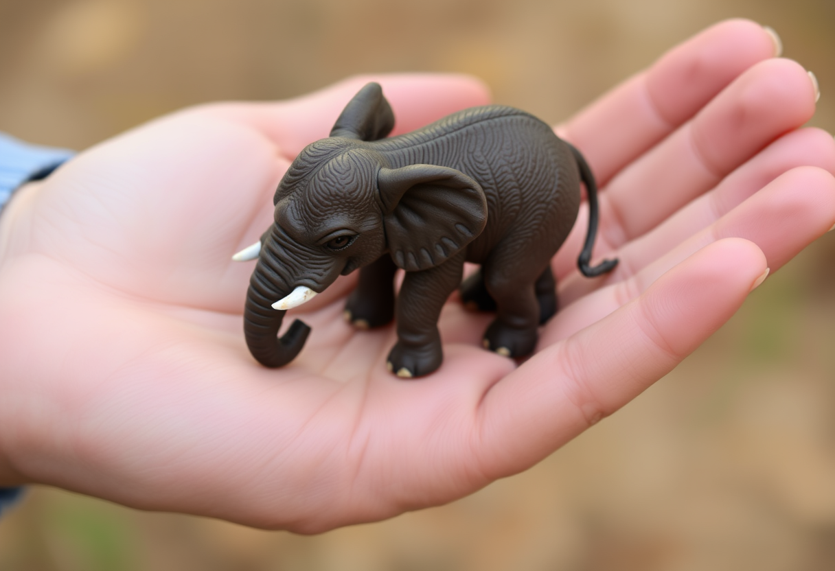 There is a mini elephant in the palm of the hand.