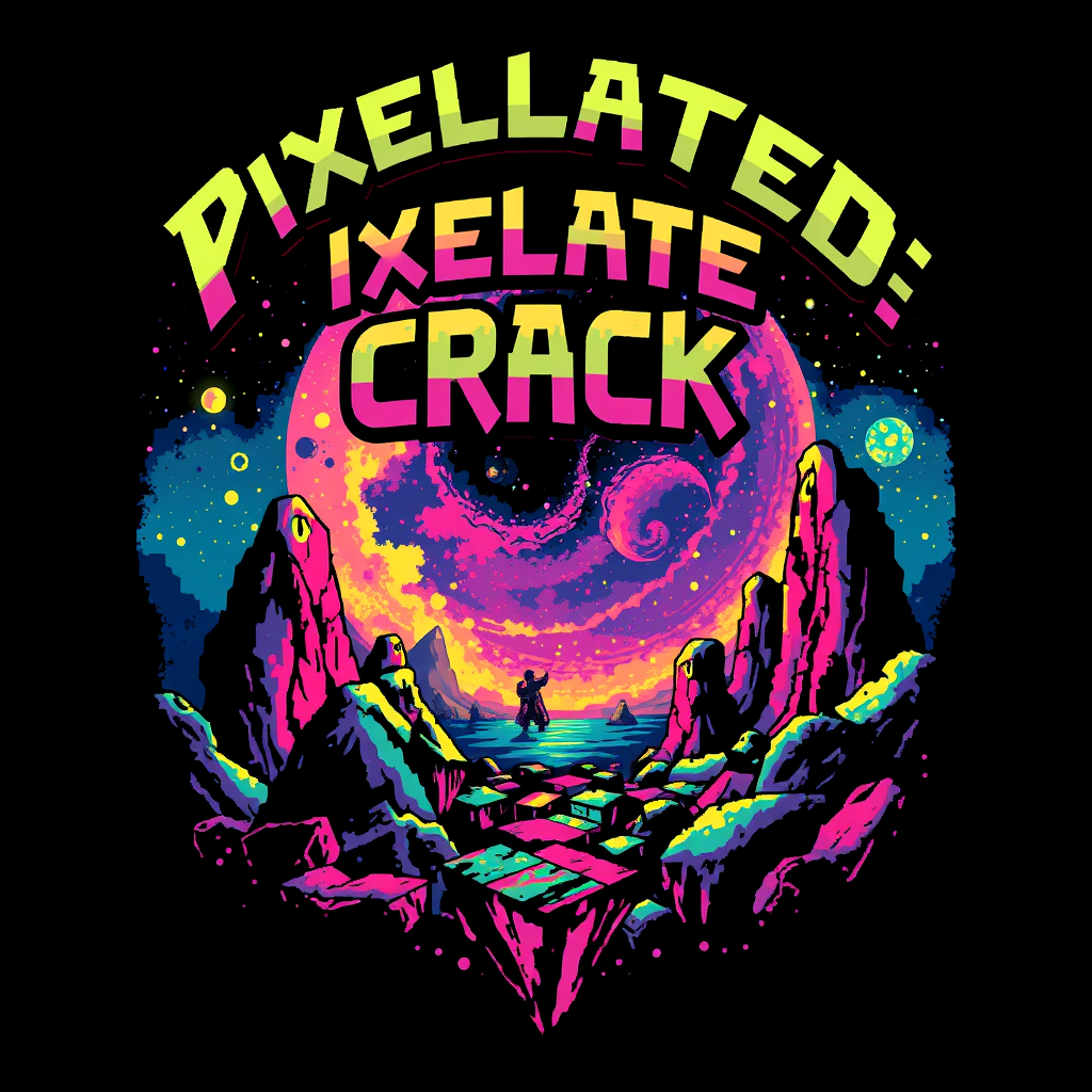 T-shirt design with a blocky colorful 8-bit style of death metal blended with chiptune. The visual should be unique and striking but macabre blended with beauty, and the band name is "Pixelated Crack" with a scene inspired by space. - Image