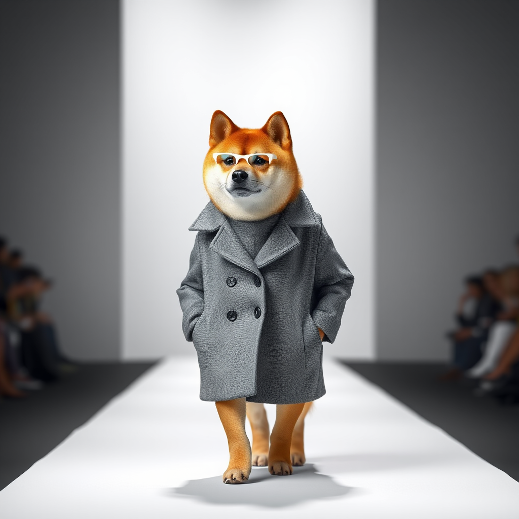 A Shiba Inu standing like a person, wearing a gray high-end wool coat, the outfit is light and makes the figure look tall, wearing white-framed glasses, walking the fashion runway on a white catwalk, with a background in sophisticated gray. The entire image has a gray-white tone, low saturation, realistic, masterful work, high definition.