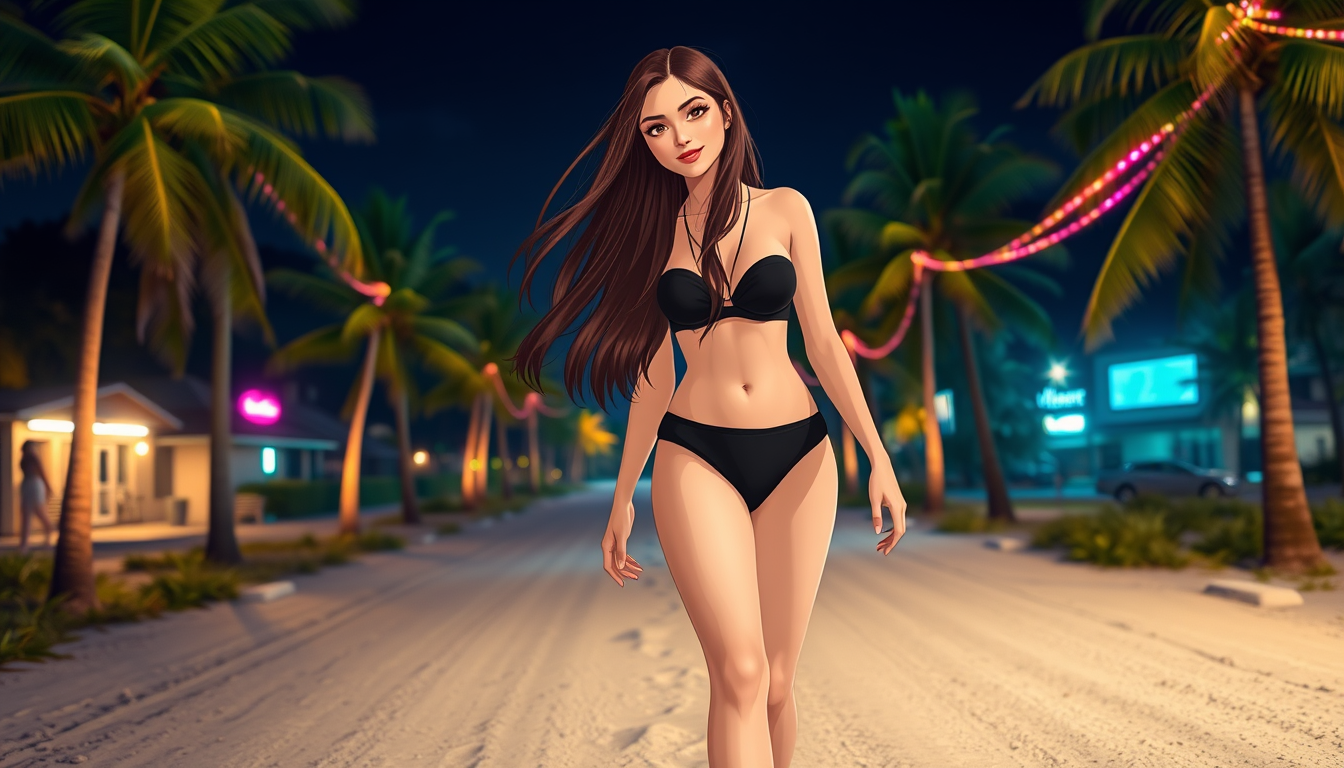 A beautiful Caucasian brunette girl with long hair, wearing a black bikini, walking on a sandy country road, barefoot among palm trees, smiling, with a model body type, at night, under neon lights, with a pierced belly button and no tattoos, in anime style. - Image