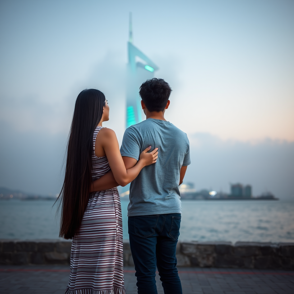 This photograph captures a serene moment between a couple, likely in a romantic setting, at dusk. The image features a young woman and man standing closely together, facing the sea. The woman, on the left, has long, straight dark hair cascading down her back. She is wearing a sleeveless, striped dress that appears to be made of a light, breathable fabric. The man, on the right, has short, curly dark hair and is wearing a light grey t-shirt and dark jeans. His arm is draped around the woman's shoulders, indicating a tender and intimate connection.

In the background, the scene is dominated by a large, modern skyscraper with a distinctive, curved design, partially obscured by a soft, misty haze. The building is illuminated in a cool, teal-green hue, which contrasts with the natural tones of the sky and sea. The sea stretches out to the horizon, its calm surface reflecting the soft, pastel colors of the sky. The foreground is a paved pathway, leading from the couple to the water's edge, where a low stone wall separates the path from the sea. The overall mood of the photograph is peaceful and romantic, with a subtle, dreamy atmosphere enhanced by the soft, muted colors and the misty backdrop. - Image