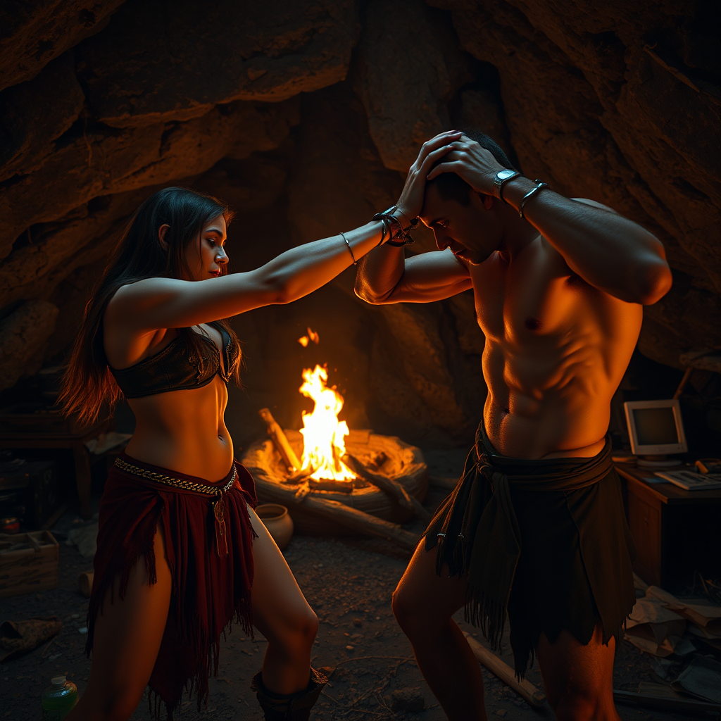 Real-life photography: At night, in the cave, there is a female barbarian and a skinny, weak short male barbarian. The cave is very large, with a bonfire, a 90s desktop computer, and some messy household items. The female barbarian is swinging her fist to hit his abdomen, while he is using his hands to protect his head.