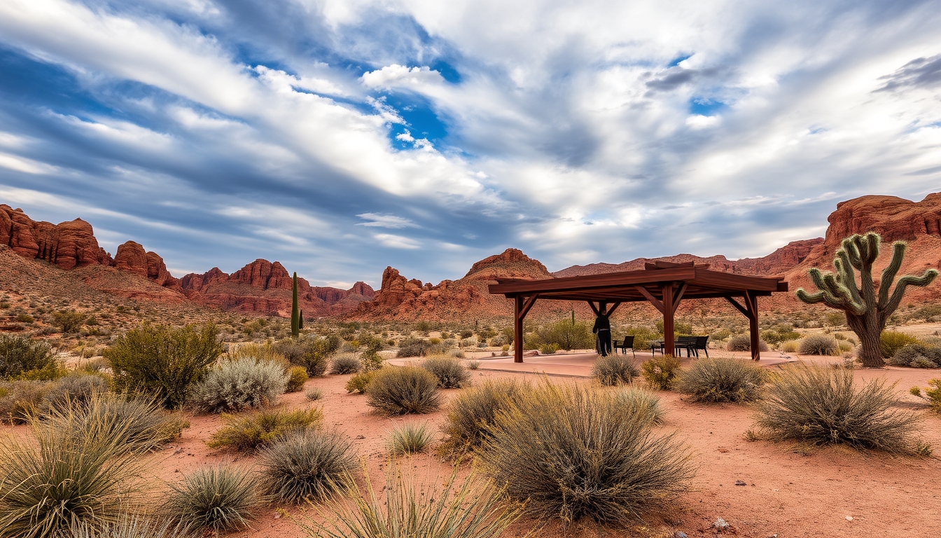 A dramatic desert landscape with a glass pavilion offering shade and shelter.