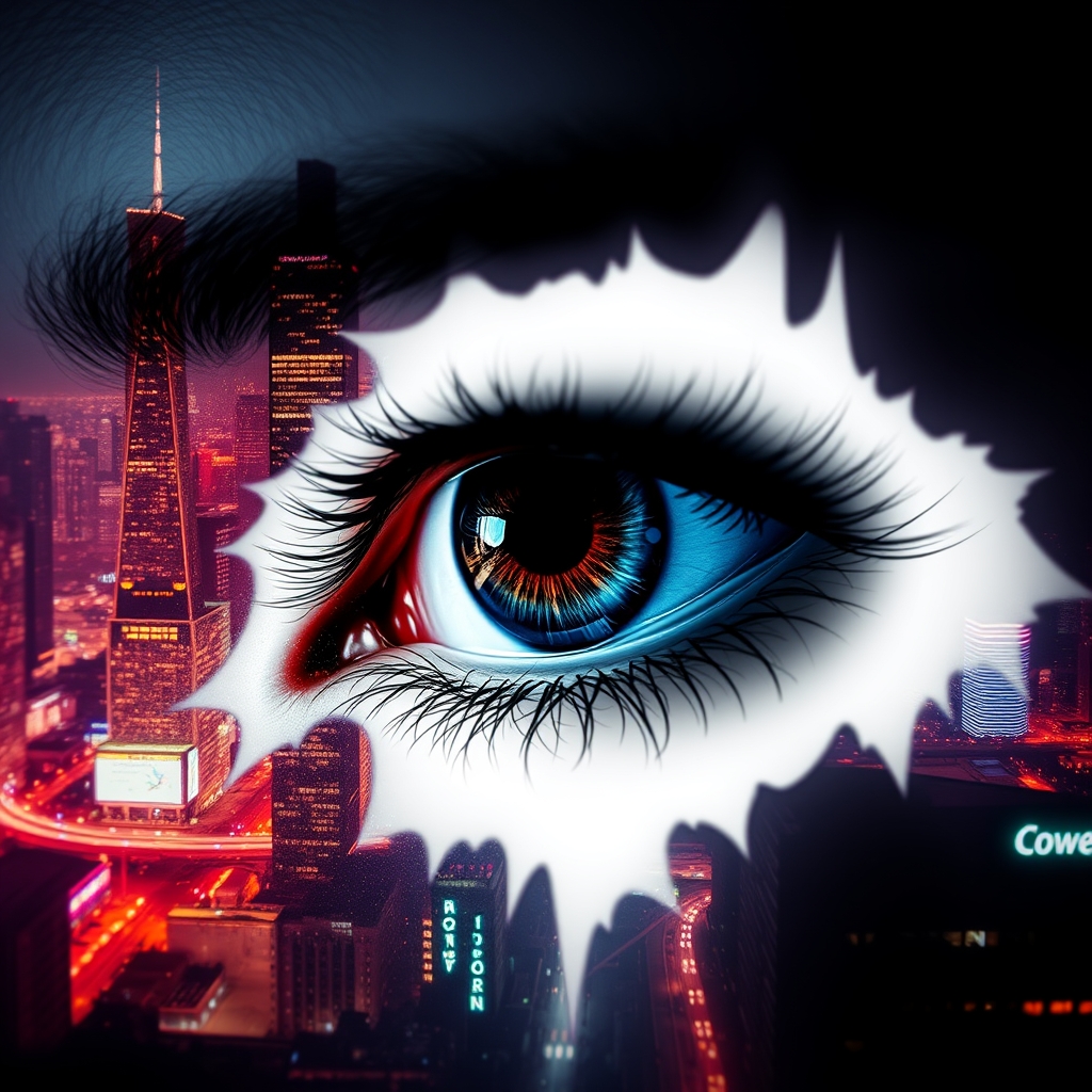 Stunning image of a woman's eye, fused with an abstract, vibrant city silhouette at night, with city lights sparkling on high-rise skyscrapers and bustling streets; iris dilated. The eye is surrounded by a strong white void that creates a striking contrast and adds depth and intensity to the overall picture, hyperrealistic, digital, structured, surreal, gloomy, and mysterious. - Image