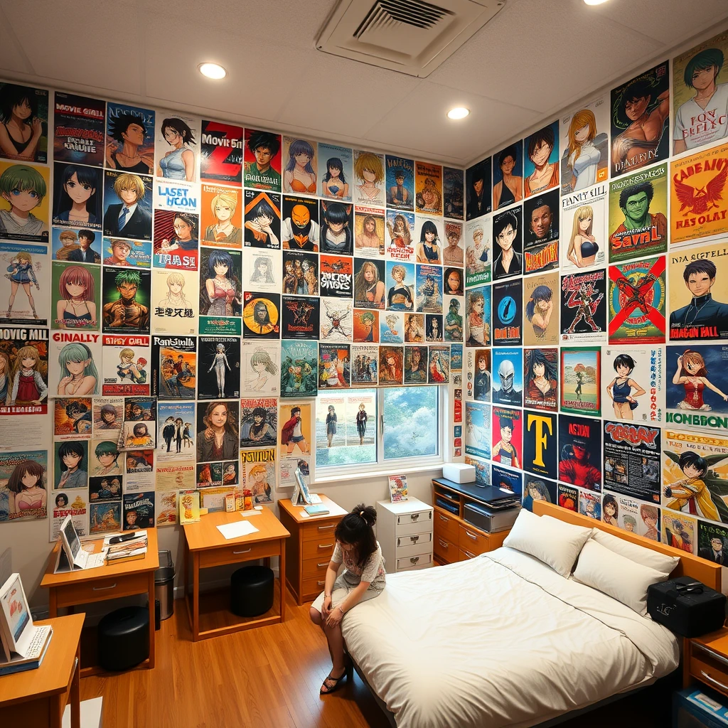 A very large room, with one wall covered in many posters, including posters of "Movie Girl" by 桂正和, posters of Neon Genesis Evangelion, posters of Dragon Ball, posters of Asuka, and posters of Castle in the Sky. The room also has a bed and desks and chairs. There is a female student sitting in the room.