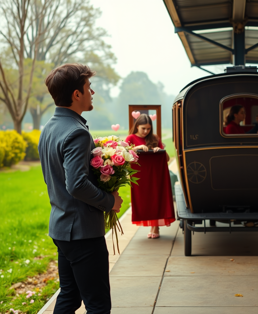 A romantic scene on the platform, a guy with a bouquet of flowers stands by the carriage from which a beautiful young girl gets out and looks at him with tenderness.